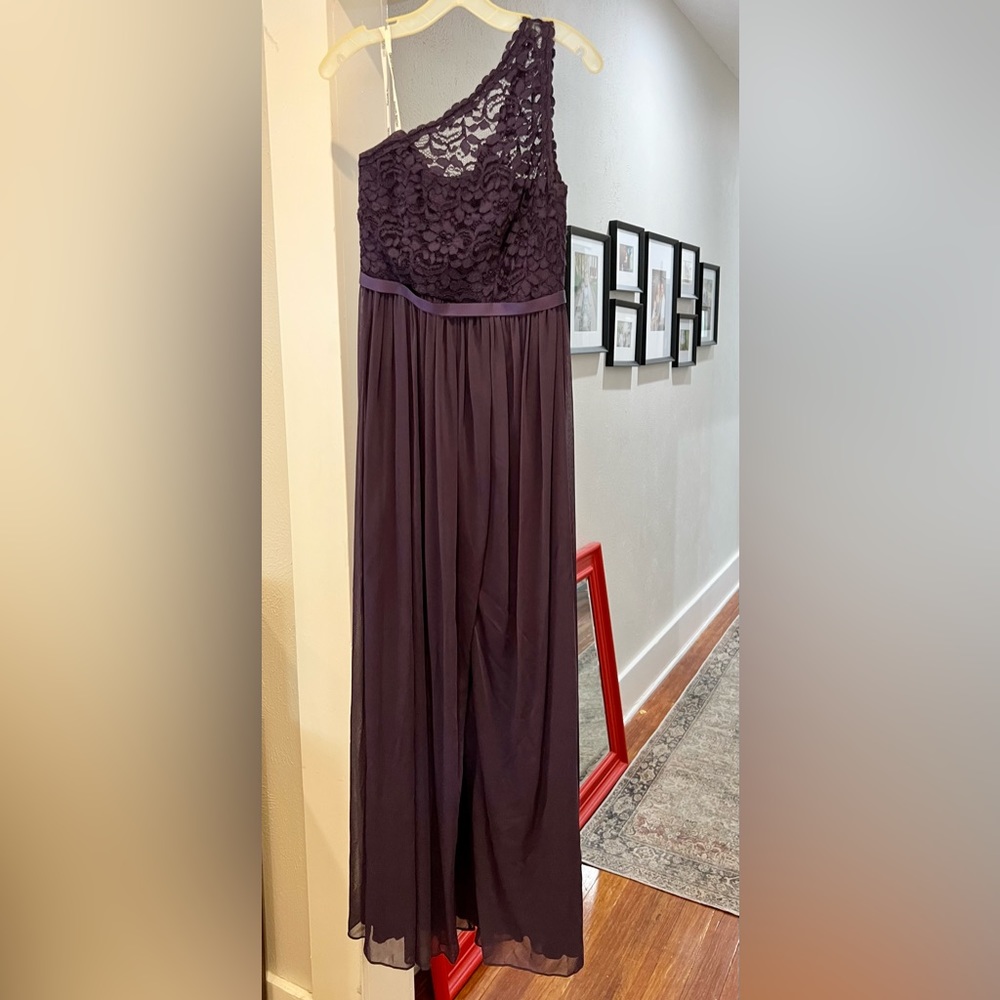 One Shoulder David’s Bridal Purple Bridesmaid Formal Dress